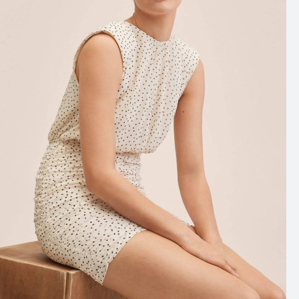 NWT MANGO Polka-Dot Ruched Dress with Shoulderpads, Size XL